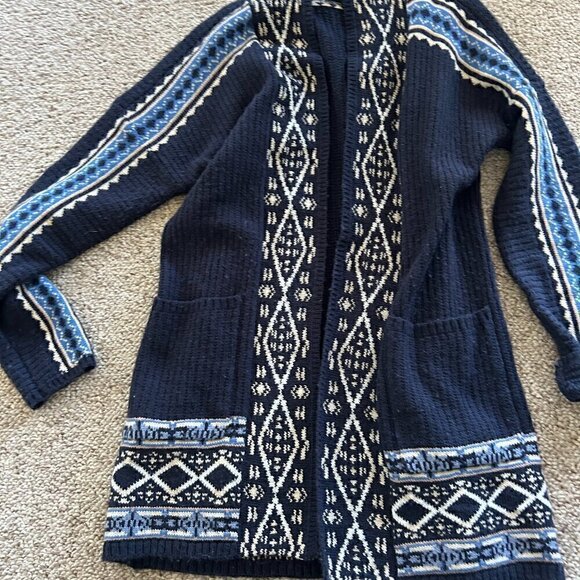 Lucky Brand Sweaters - Lucky Brand Women’s Medium Cardigan Navy Blue Patterned Y2K Grannycore